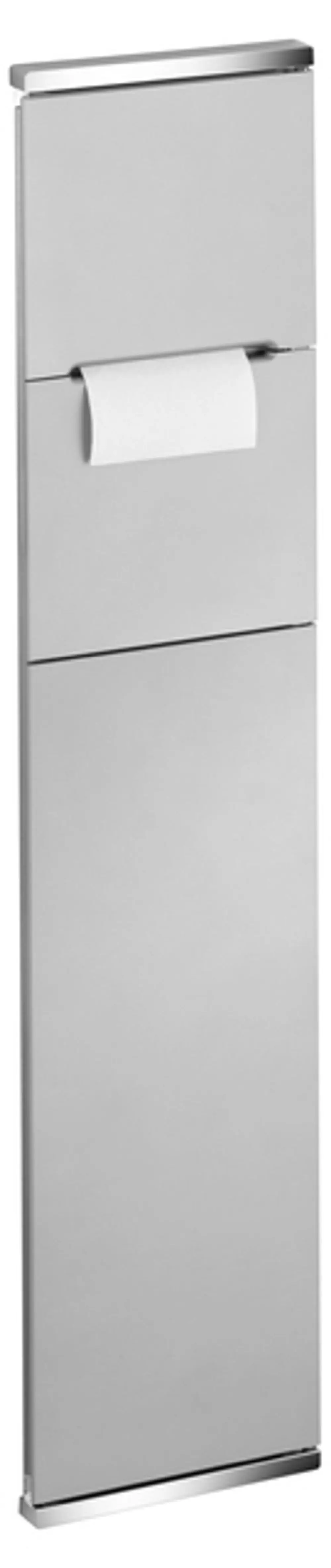 Verchromte WC-Modulabdeckung von Keuco mit integrierter Toilettenrolle, montiert auf der linken Seite, gefertigt aus Aluminium und in einem schlichten Design gehalten.
